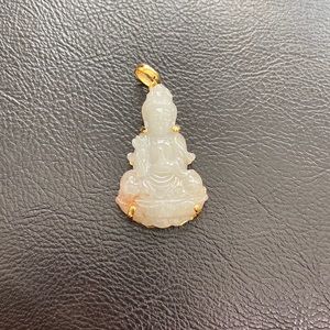 14K Solid Gold Genuine Icy Jade Kwan Yin Buddha Pendant